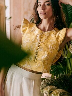 Sezane Yellow Floral Brocade Pearl-Button Crop Top